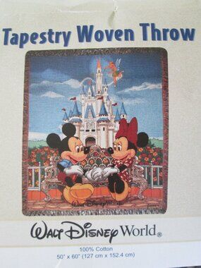Walt Disney World Tapestry Woven Cotton Throw Blanket Mickey & Minnie Castle NEW